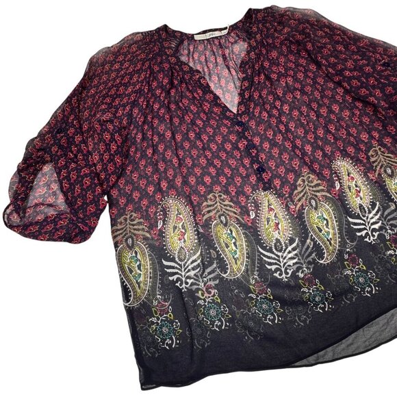 Whimsigoth Blouse Sz.L 100% Silk Printed Paisley Sheer Peasant Festival Boho - Picture 2 of 11